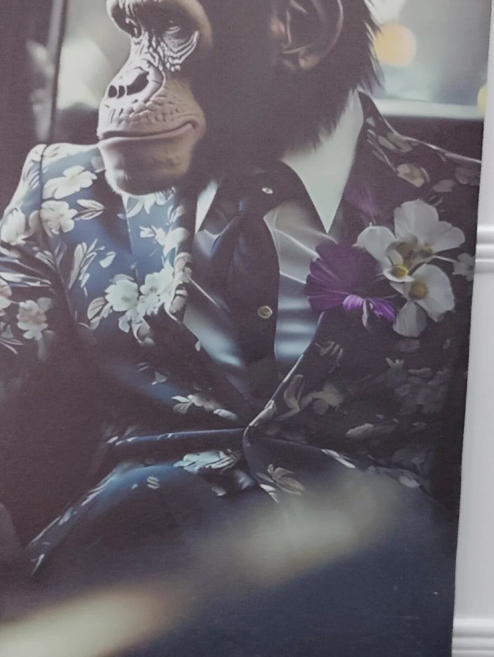 Stylish Chimp Portrait Canvas - Floral Navy Suit